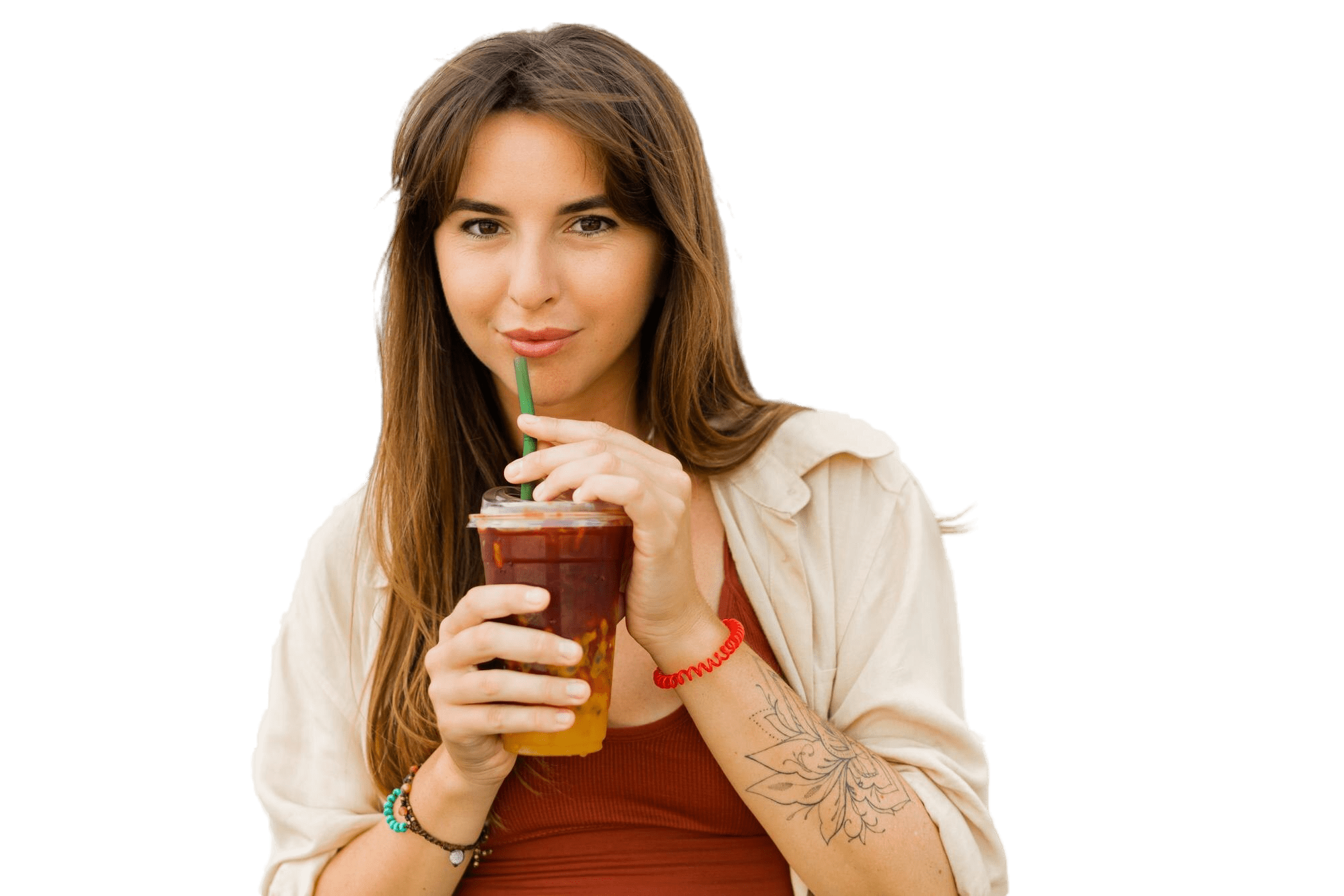 close-up-portrait-smiling-european-woman-stylish-summer-outfit-drinking-sweet-lemonade-white-background-min