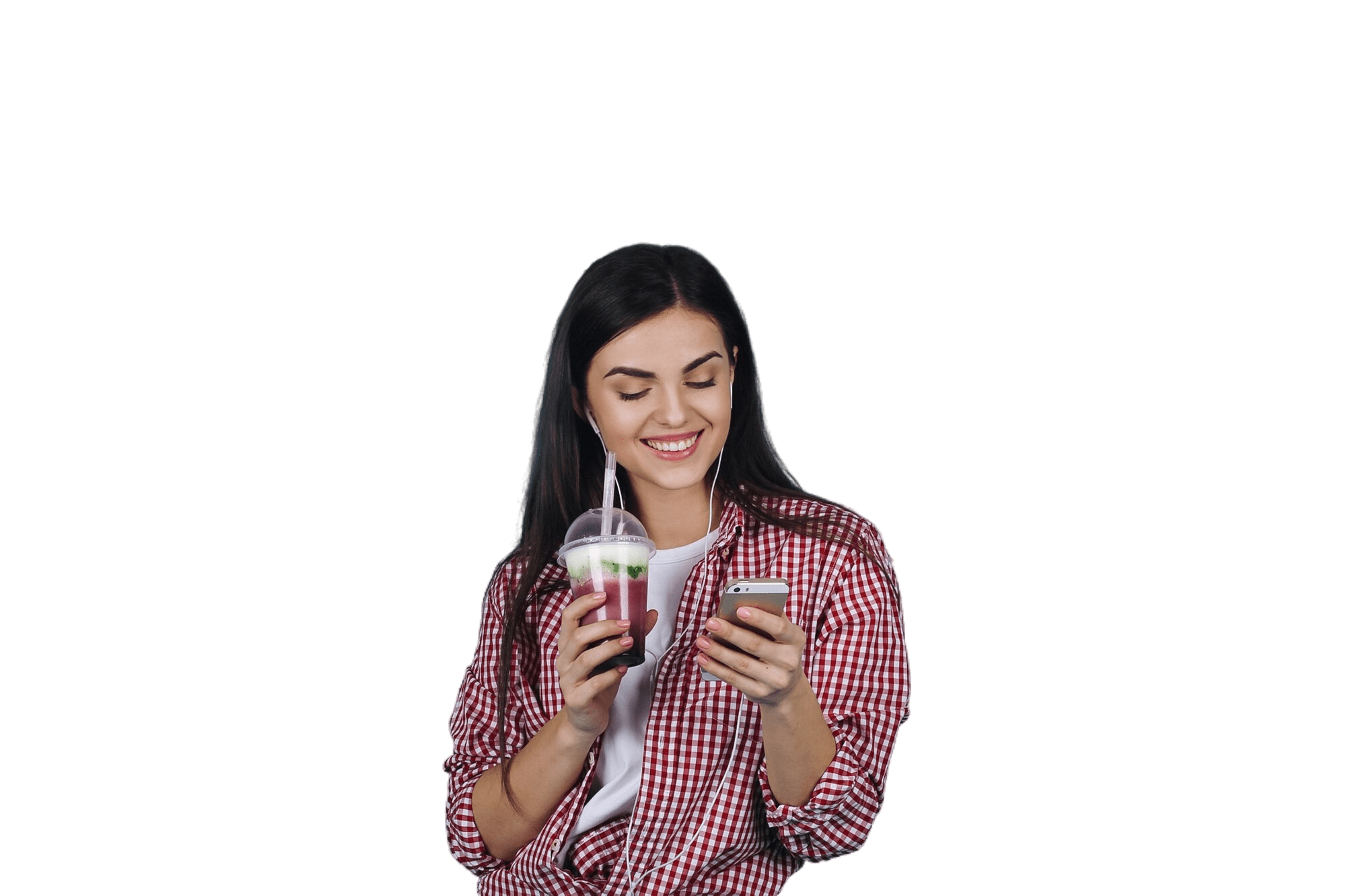 smiling-girl-with-milkshake-checks-her-smartphone-min